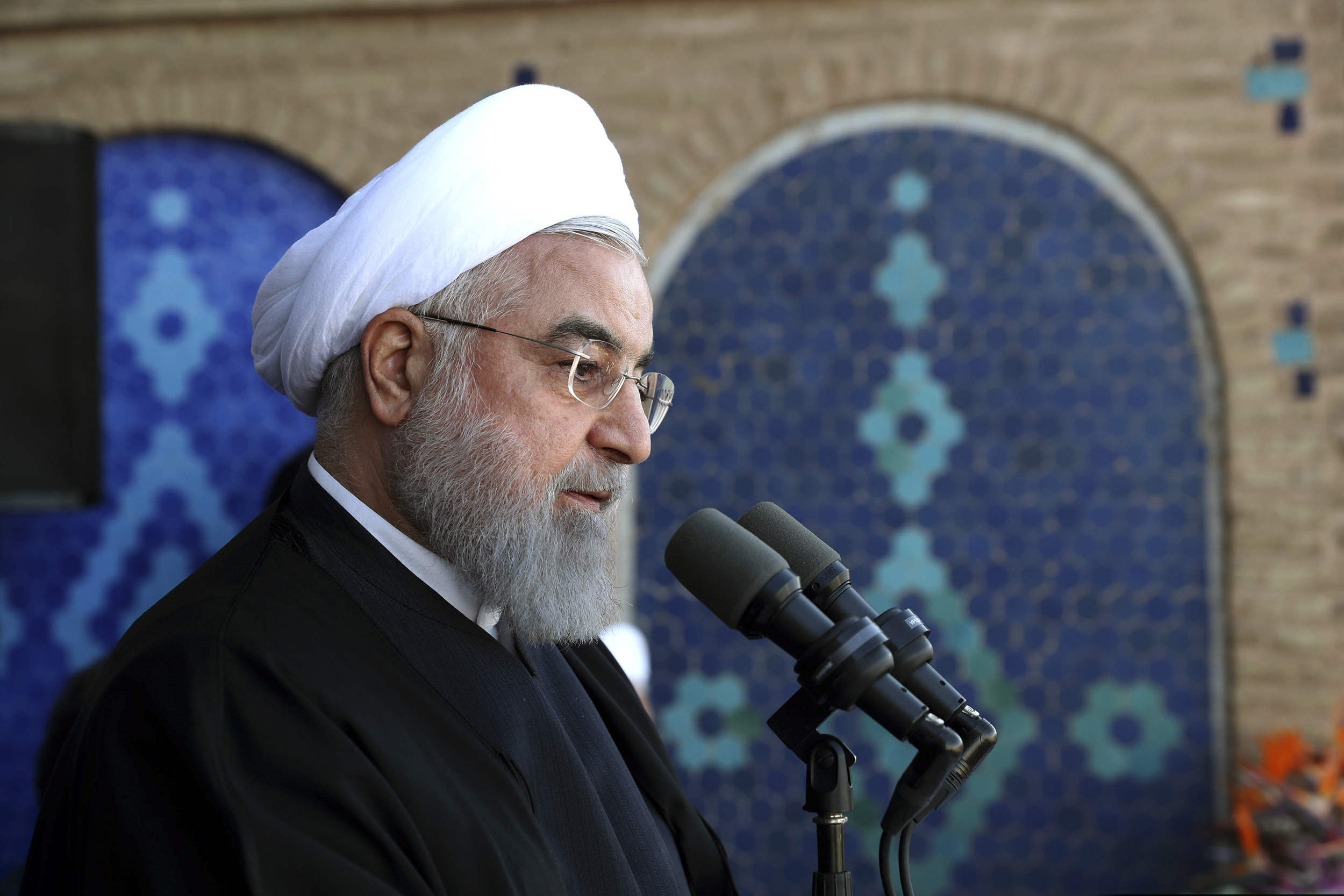 (Office of the Iranian Presidency via AP) President Hassan Rouhani speaks in a public gathering at the city of Yazd, some 410 miles southeast of the capital Tehran, Iran, Sunday, Nov. 10, 2019. Iran has discovered a new oil field in the country's south with over 50 billion barrels of crude oil, Rouhani said Sunday, a find that could boost the country's proven reserves by a third as it struggles to sell energy abroad over U.S. sanctions.