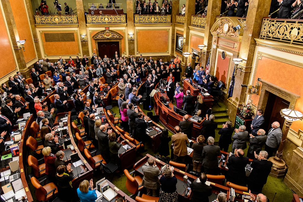 (Trent Nelson | Tribune file photo)
Utah Governor Gary Herbert gets a standing ovation after getting emotion talking about slain Officer Douglas Barney, during the annual State of the State Address in the House Chamber of the State Capitol Building in Salt Lake City, Wednesday January 27, 2016.