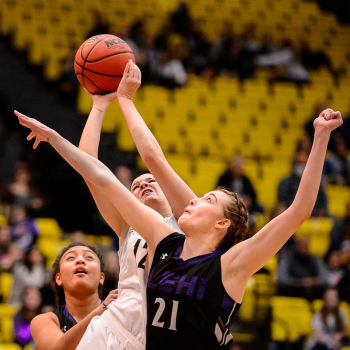 (Trent Nelson | The Salt Lake Tribune)
Lehi vs. Desert Hills, 4A State high school basketball tournament at Utah Valley University in Orem, Thursday March 1, 2018. Desert Hills's Elly Williams (12) shoots, defended by Lehi's Sarah Christopherson (21).