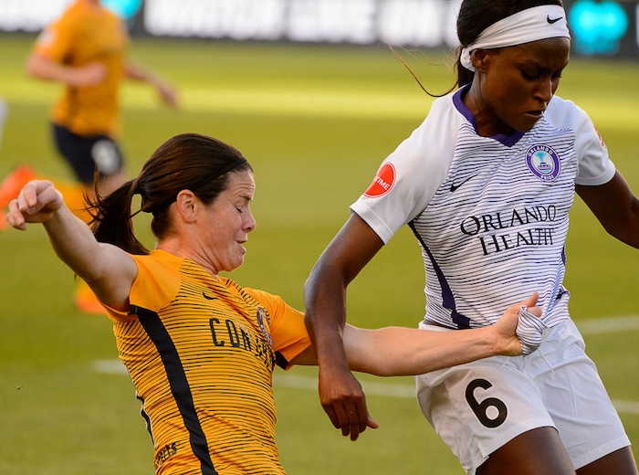 (Trent Nelson | The Salt Lake Tribune)  Utah Royals host Orlando Pride at Rio Tinto Stadium in Sandy, Wednesday May 9, 2018. Utah Royals FC midfielder Diana Matheson (10) and Orlando Pride forward Chioma Ubogagu (6).