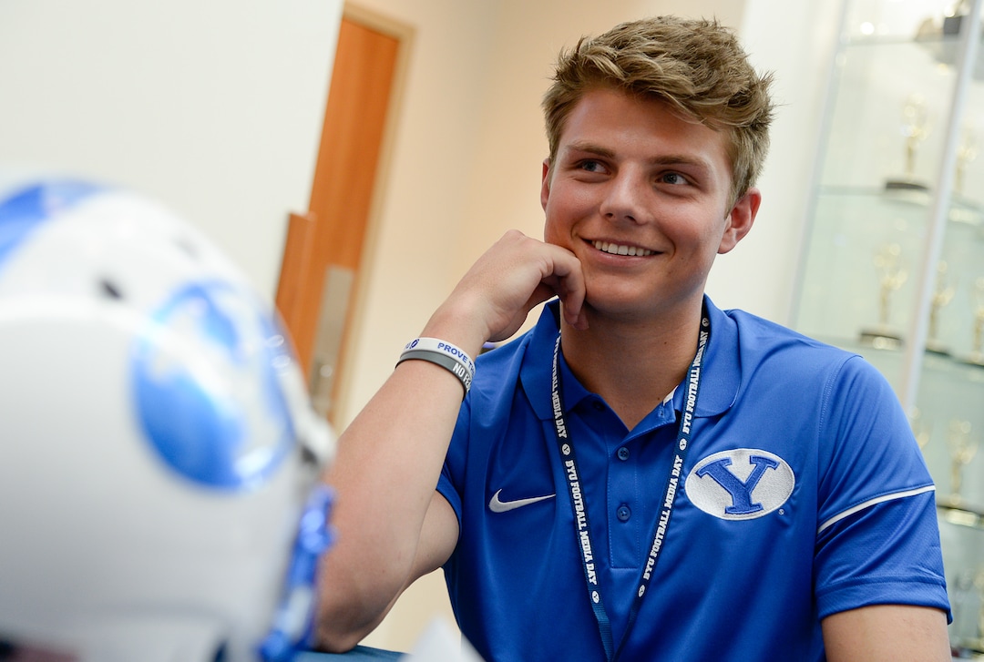 (Francisco Kjolseth  |  The Salt Lake Tribune)  Quarterback Zach Wilson runs through numerous interviews during BYU football media day at the BYU Broadcasting Building in Provo on Tuesday, June 18, 2019.