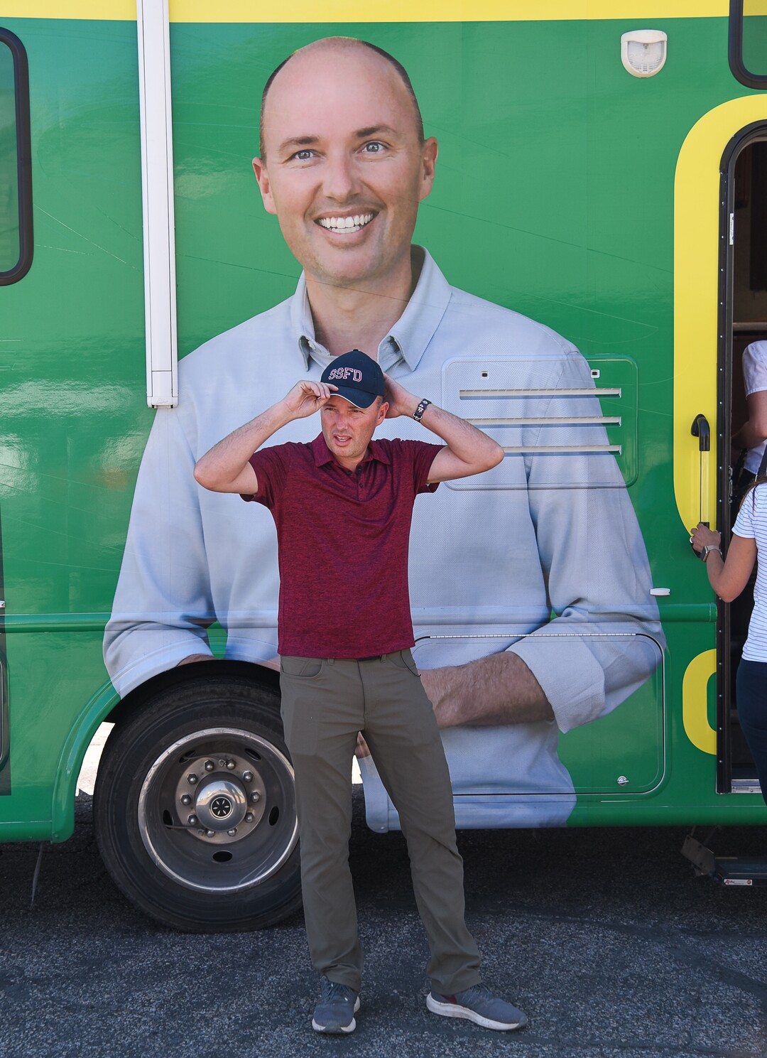 (Francisco Kjolseth  |  The Salt Lake Tribune)  Lt. Gov. Spencer Cox gets ready to hit the road on his way to visit another town in his dad's RV, freshly wrapped in John Deere colors and with a large image of himself as he attempts to visit each city and town in Utah during his gubernatorial campaign.
