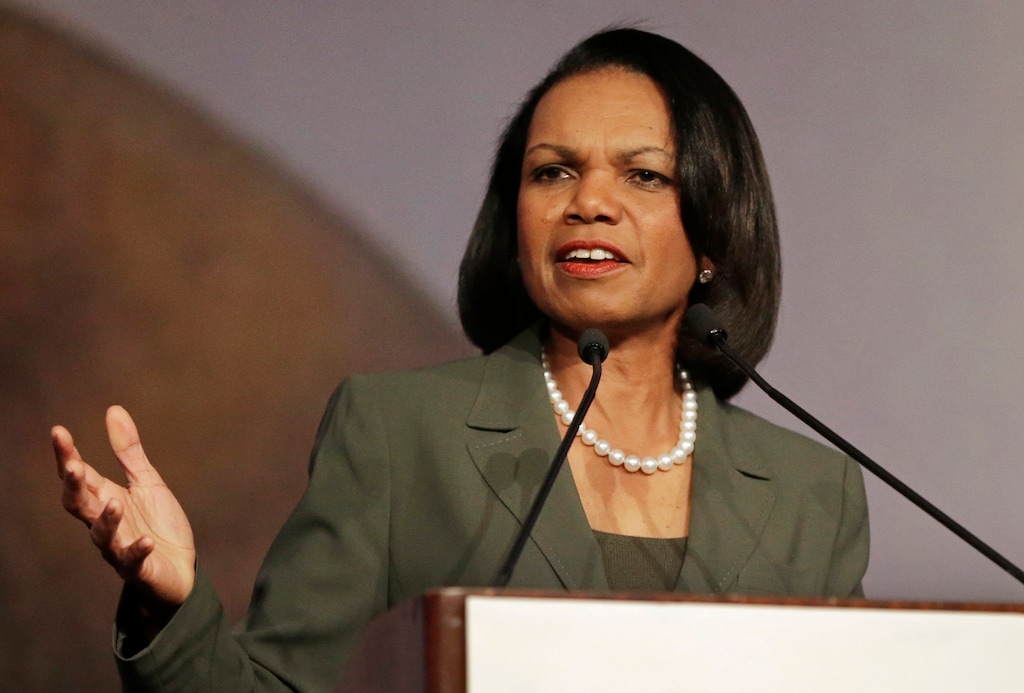 FILE - In this March 15, 2014 file photo, former Secretary of State Condoleezza Rice peaks at the California Republican Party 2014 Spring Convention in Burlingame, Calif.  Rice has decided against delivering the commencement address at Rutgers University following protests by some faculty and students over her role in the Iraq War. Rice said in a statement Saturday, May 3, 2014 that she informed Rutgers President Robert Barchi that she was declining the invitation. She said her involvement had "become a distraction for the university community" at a "time of joyous celebration for the graduates and their families."(AP Photo/Ben Margot, File)
