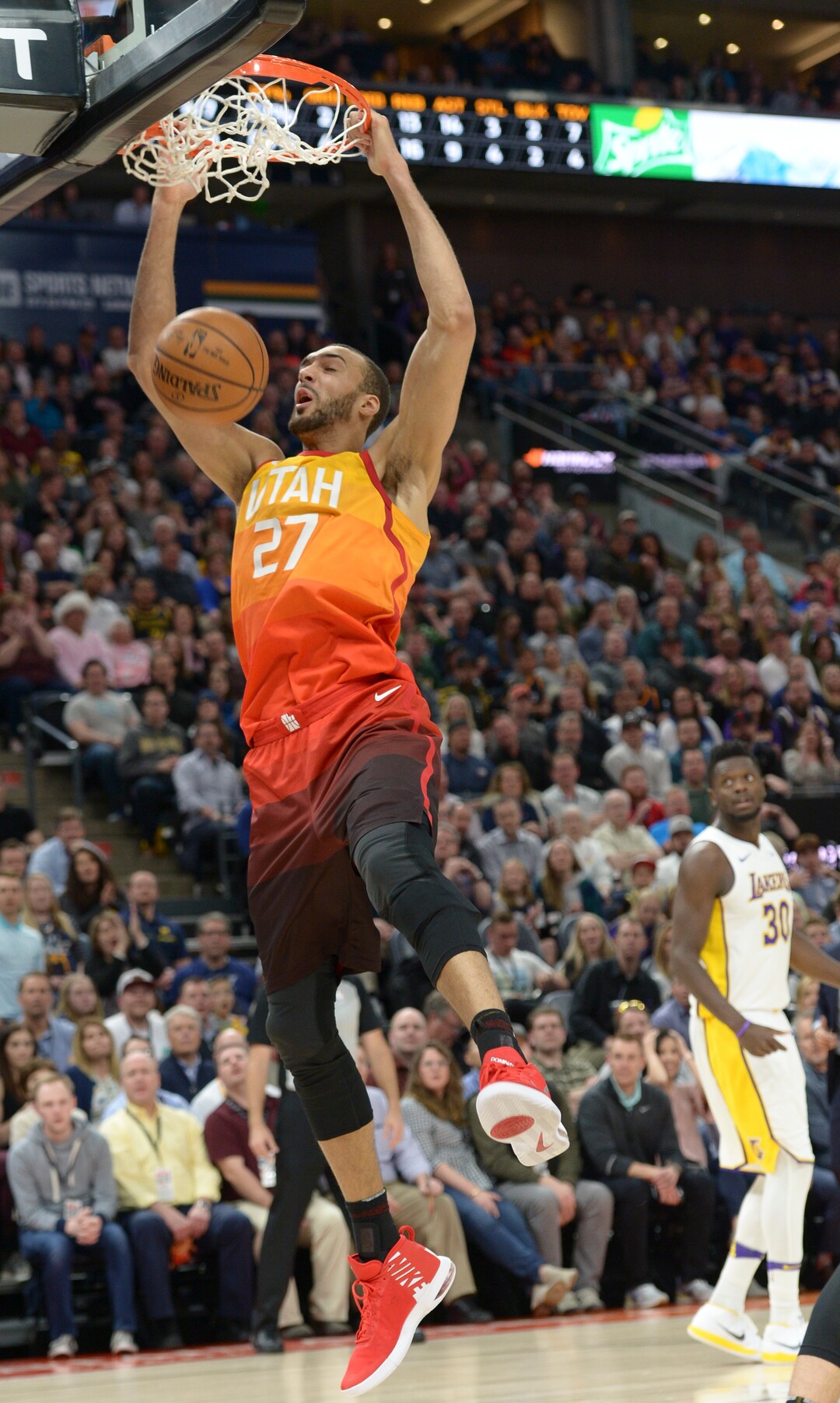 (Leah Hogsten  |  The Salt Lake Tribune)  Utah Jazz center Rudy Gobert (27) with the dunk as the Utah Jazz host the Los Angeles Lakers at Vivint Smart Home Arena Tuesday, April 3, 2018