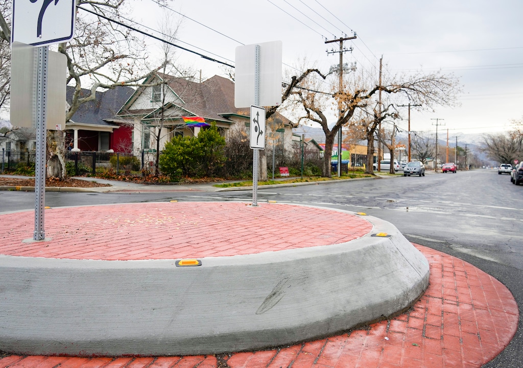 (Bethany Baker | The Salt Lake Tribune) A roundabout located a 500 North and 1300 West in Salt Lake City on Tuesday, Feb. 20, 2024.