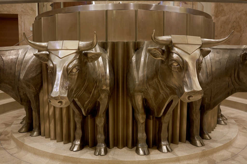 (Courtesy of the LDS Church)  Baptismal-font-bearing oxen statue in the Idaho Falls Idaho Temple, where faithful Mormons perform posthumous baptisms.