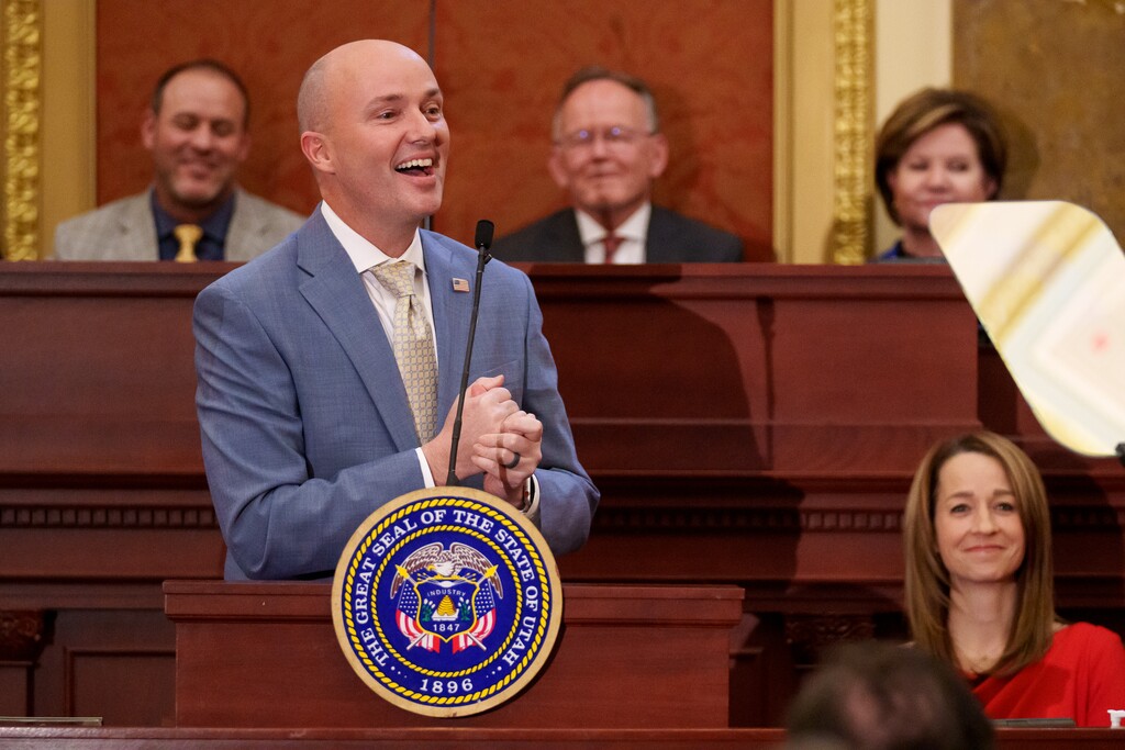 (Trent Nelson | The Salt Lake Tribune) Gov. Spencer Cox delivers his 2024 State of the State address at the Utah Capitol in Salt Lake City on Thursday, Jan. 18, 2024.
