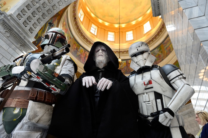 (Scott Sommerdorf | The Salt Lake Tribune) Cosplayers pose for a photo in the Utah Capitol Rotunda on Wednesday after attending an event where FanX Salt Lake Comic Convention unveiled more celebrities and new programs for the Sept. 6-8 event.