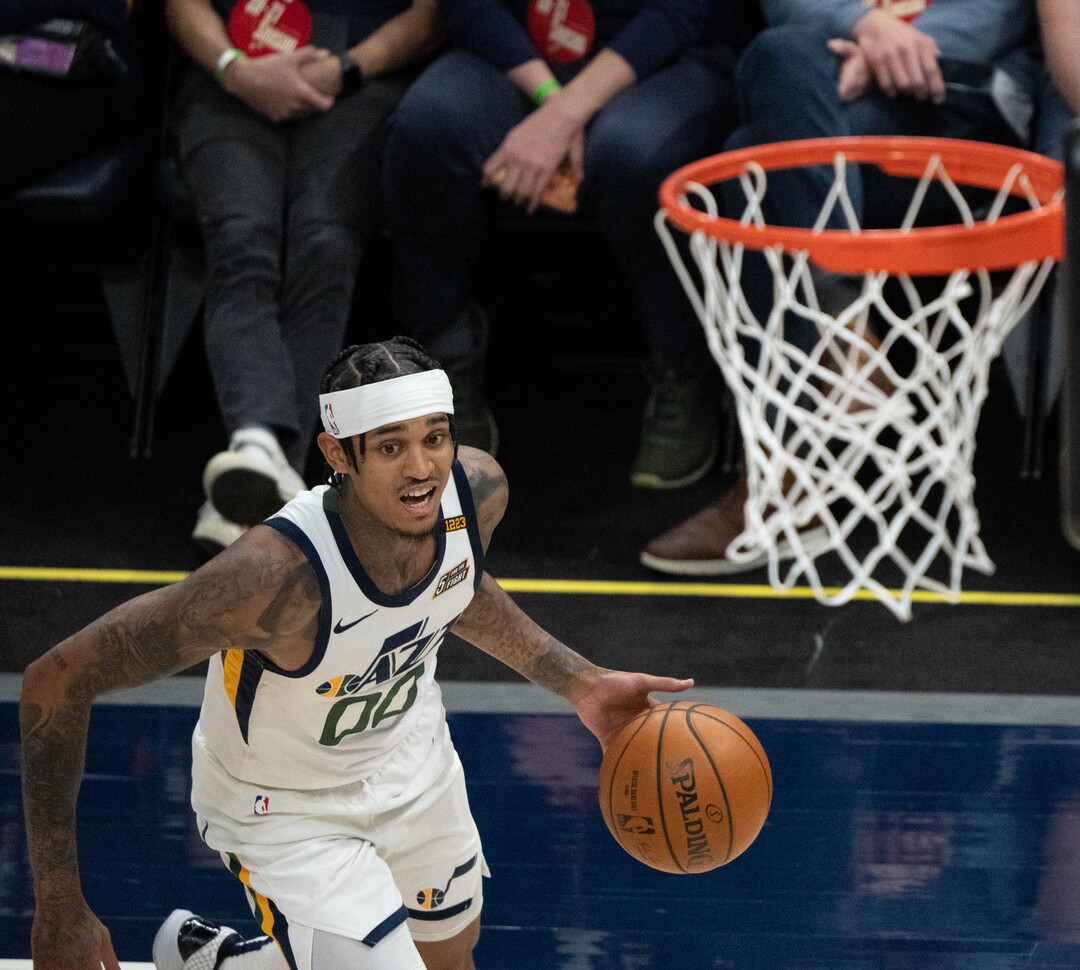 (Francisco Kjolseth | The Salt Lake Tribune) IUtah Jazz guard Jordan Clarkson (00) drives the ball n NBA action between the Utah Jazz and the San Antonio Spurs at Vivint Smart Home Arena, on Wednesday, May 5, 2021.