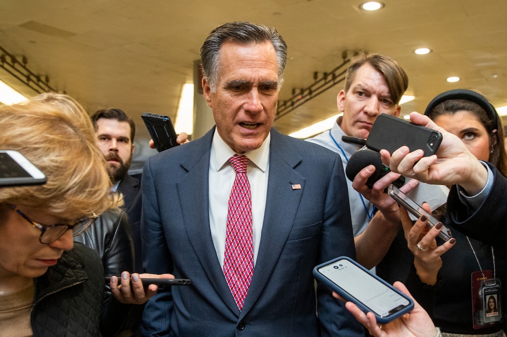 (Manuel Balce Ceneta | AP) Sen. Mitt Romney, R-Utah, speaks to reporters as he arrives at the Capitol in Washington, Monday, Jan. 27, 2020, during the impeachment trial of President Donald Trump on charges of abuse of power and obstruction of Congress.