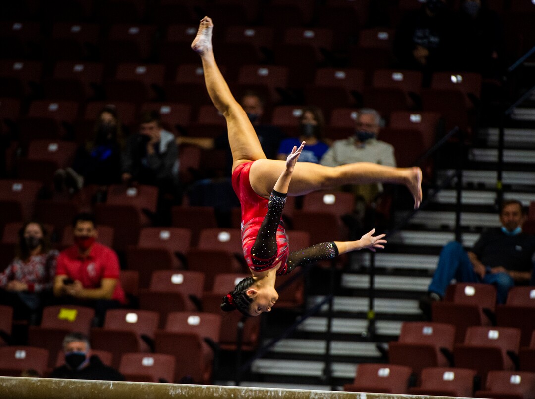 (Rick Egan | The Salt Lake Tribune) Aexia Burch competes on the beam for Utah in the Best of Utah gymnastics meet at the Maverik Center on Saturday, Jan. 9, 2021.