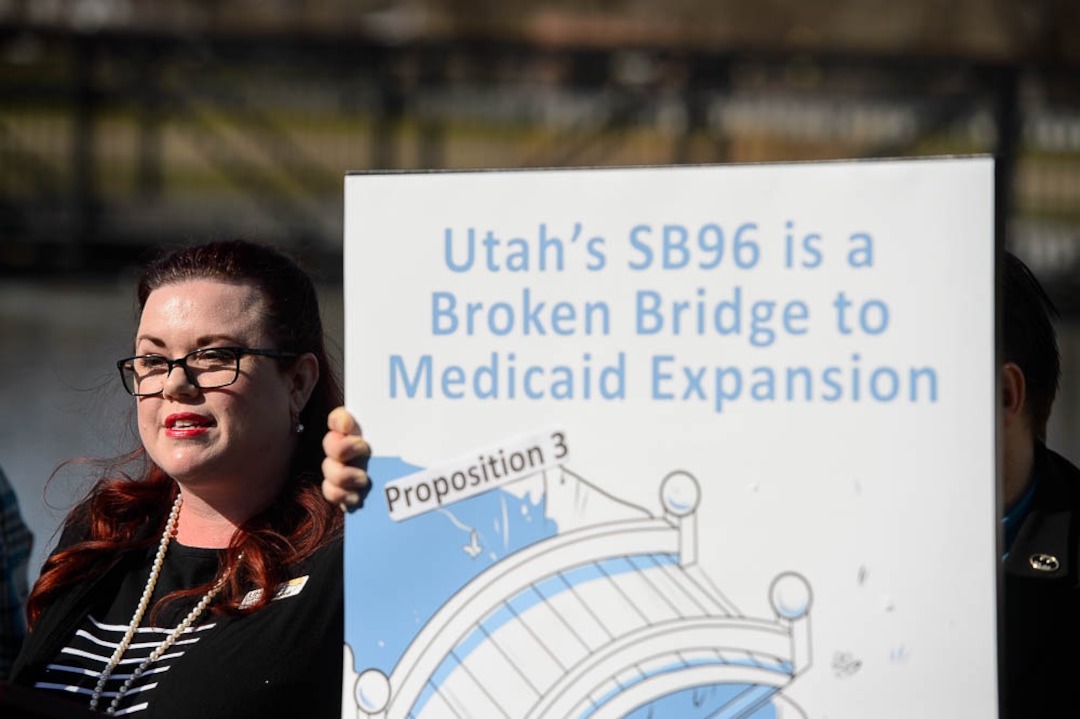 (Trent Nelson | The Salt Lake Tribune)  Stacy Sanford, health policy analyst for the Utah Health Policy Project, talks about Utah's "bridge" Medicaid expansion program at a news conference in Salt Lake City's Liberty Park on Monday April 1, 2019.