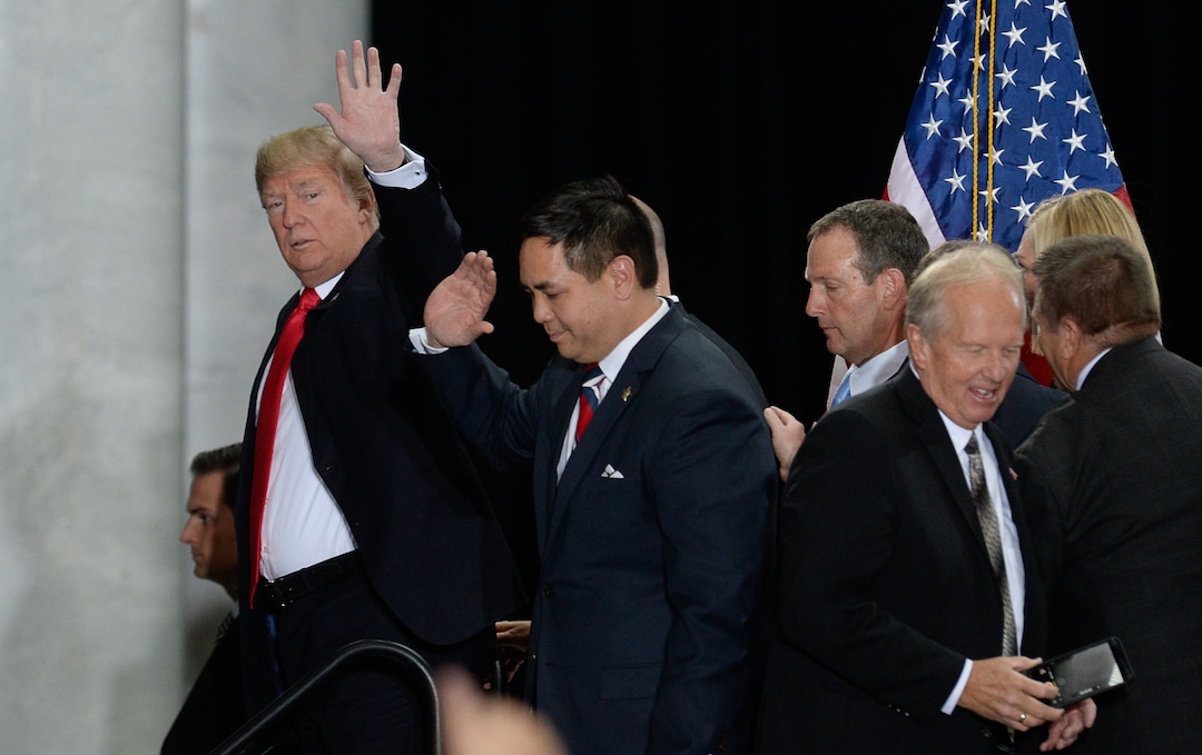 (Francisco Kjolseth  |  The Salt Lake Tribune)  U.S. President Donald Trump leaves the Utah Capitol alongside Attorney General Sean Reyes at the Utah Capitol on Monday, Dec. 4, 2017.