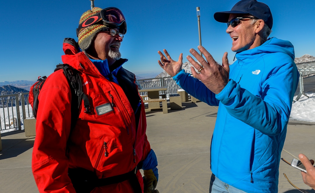 Leah Hogsten  |  The Salt Lake Tribune  l-r Peter Schory, Snowbird winter operations director shares a laugh with Bob Bonar atop Hidden Peak. Bob Bonar began at Snowbird as a ski patroller the year it opened in 1971 and eventually became general manager, overseeing many of the major developments at the Little Cottonwood Canyon resort, including expansion into American Fork Canyon, cutting North America's first ski tunnel, and connecting with Alta ski resort. Snowbird's last original staff member, Bonar retired in November.