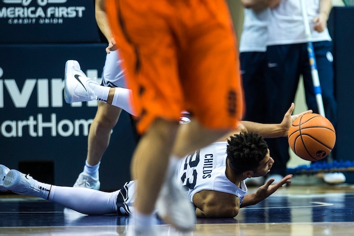 (Chris Detrick  |  The Salt Lake Tribune)  Brigham Young Cougars forward Yoeli Childs (23) dives for the ball during the game at the Marriott Center Thursday, December 21, 2017.  
