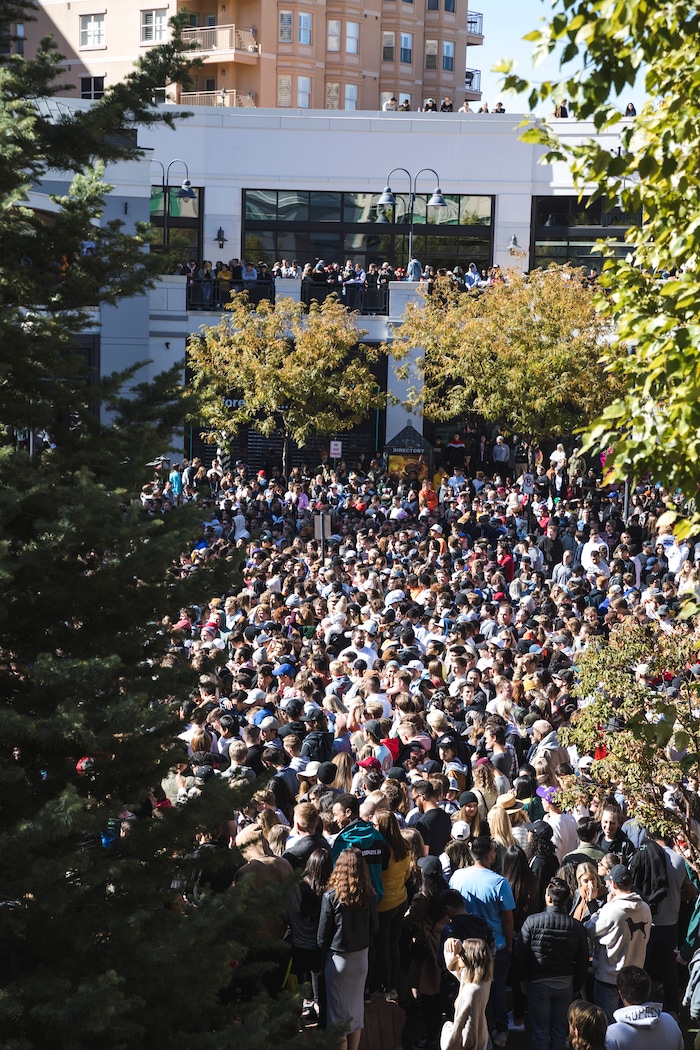 (Clark Clifford  |  Special to The Salt Lake Tribune) Thousands cram into Olympic Plaza for Kanye West's Sunday Service at The Gateway in Salt Lake City on Saturday, Oct. 5, 2019.