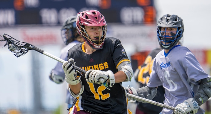 (Rick Egan | The Salt Lake Tribune) as James Livingston (6) defends for Jacob Bangerter controls the ball, as Pleasant Grove, in the Division C championship game between the Viewmont Vikings and the Pleasant Grove Vikings, in Layton, on Saturday, May 29, 2021.