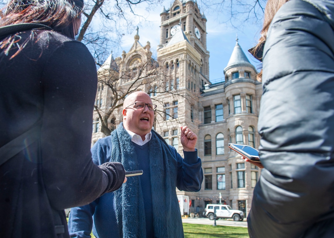 (Rick Egan  |  The Salt Lake Tribune)      Christian Harrison talks to the media, after launching his campaign for Salt Lake City Mayor outside Salt Lake City Hall, Wednesday, March 20, 2019.
