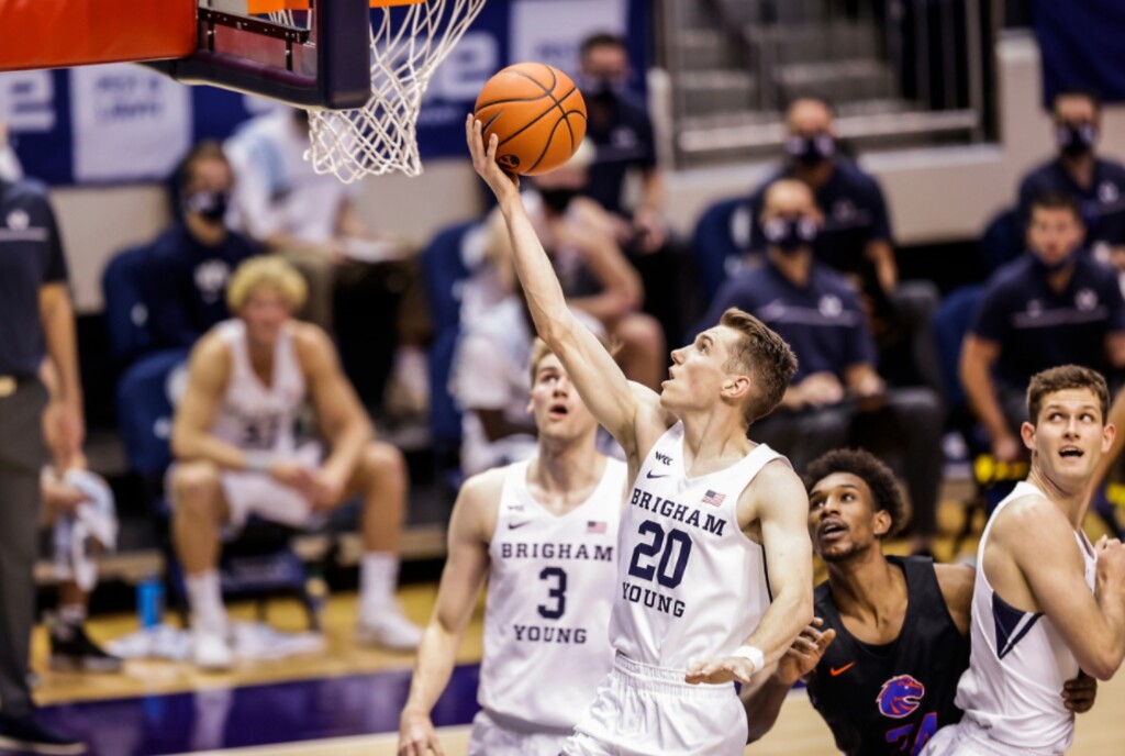 (photo courtesy of BYU)
BYU guard Spencer Johnson goes up for a layup during Wednesday night's loss to Boise State at the Marriott Center in Provo.