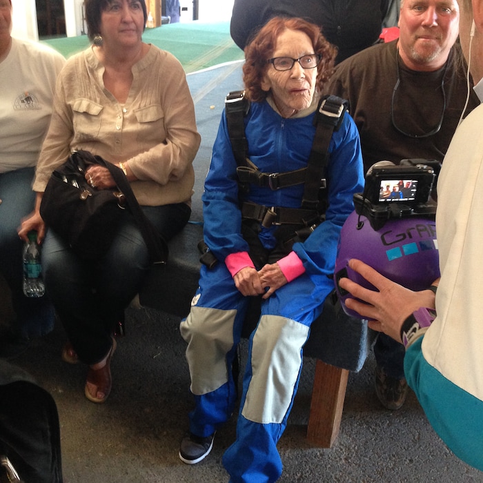 (Paul Rolly  |  The Salt Lake Tribune) Trudy Joseph celebrates her upcoming 90th birthday by jumping out of a plane with the help of Skydive Utah in Tooele, UT, surrounded by friends and family. 