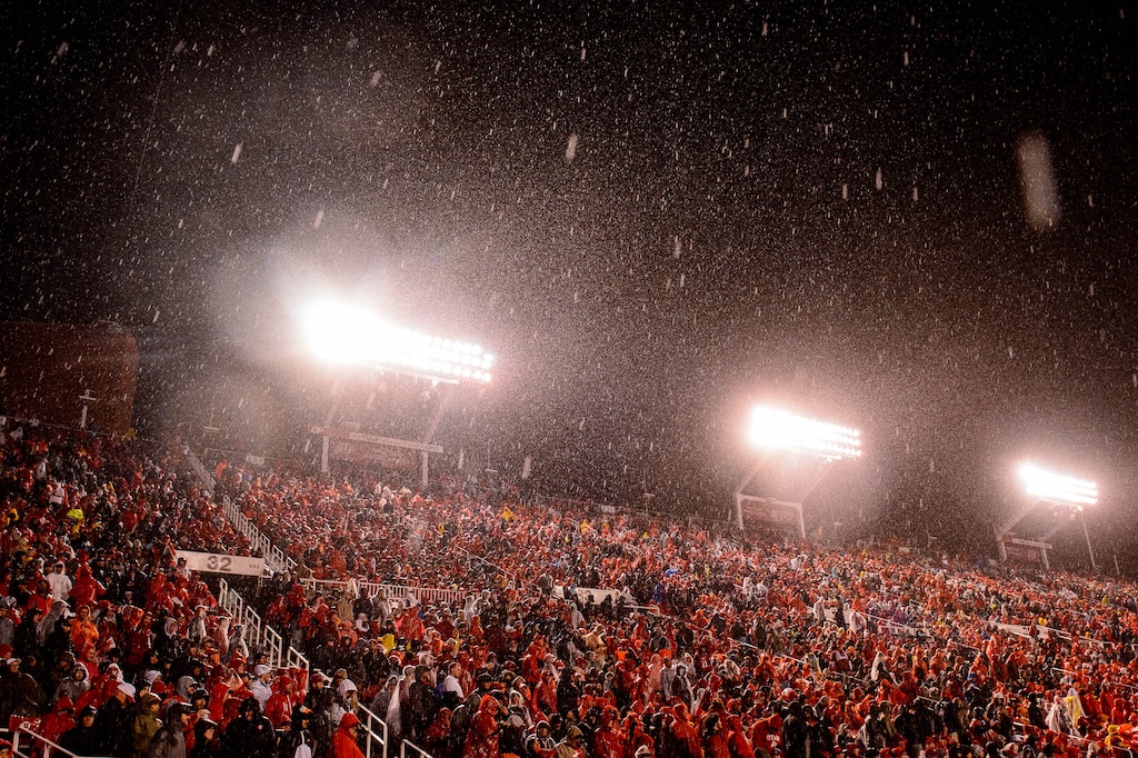 (Trent Nelson  |  The Salt Lake Tribune)  Rain pours down as the Utah Utes host the Washington State Cougars, NCAA football at Rice-Eccles Stadium in Salt Lake City on Saturday Sept. 28, 2019.