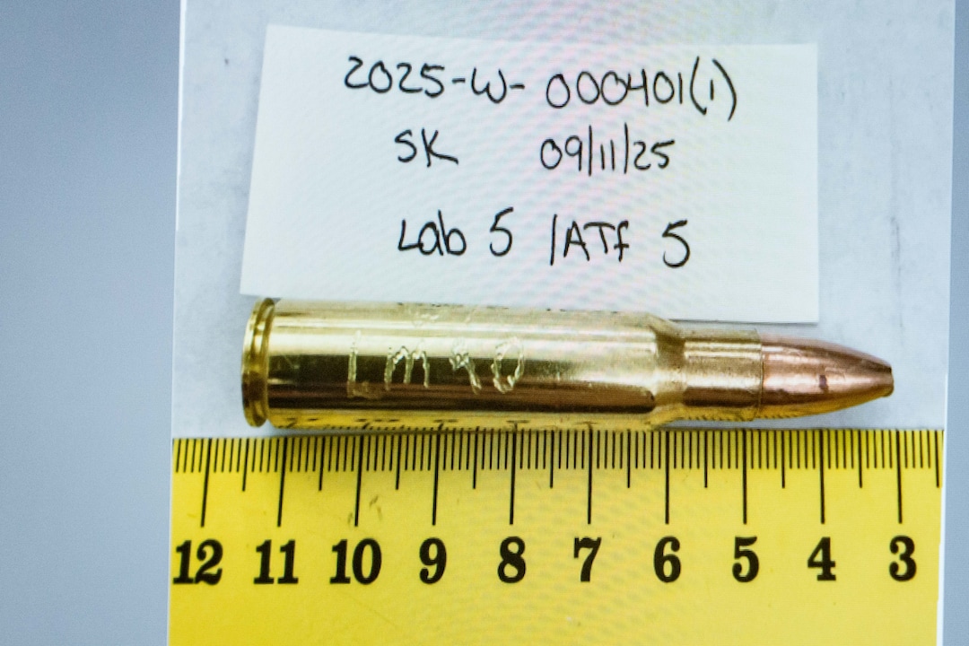 (Spenser Heaps | Pool) An image of a bullet casing engraved with “LMAO” is displayed during a preliminary hearing for Tyler Robinson, who is accused in the fatal shooting of Charlie Kirk, at the Fourth District Courthouse in Provo, Thursday, July 9, 2026.