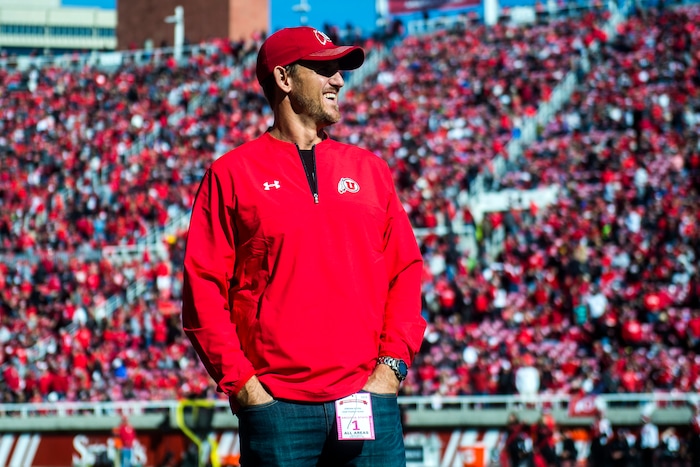 (Chris Detrick | The Salt Lake Tribune) Crimson Club Hall of Fame member Jordan Gross is honored at halftime during the game at Rice-Eccles Stadium Saturday, October 21, 2017. Arizona State Sun Devils defeated Utah Utes 30-10.