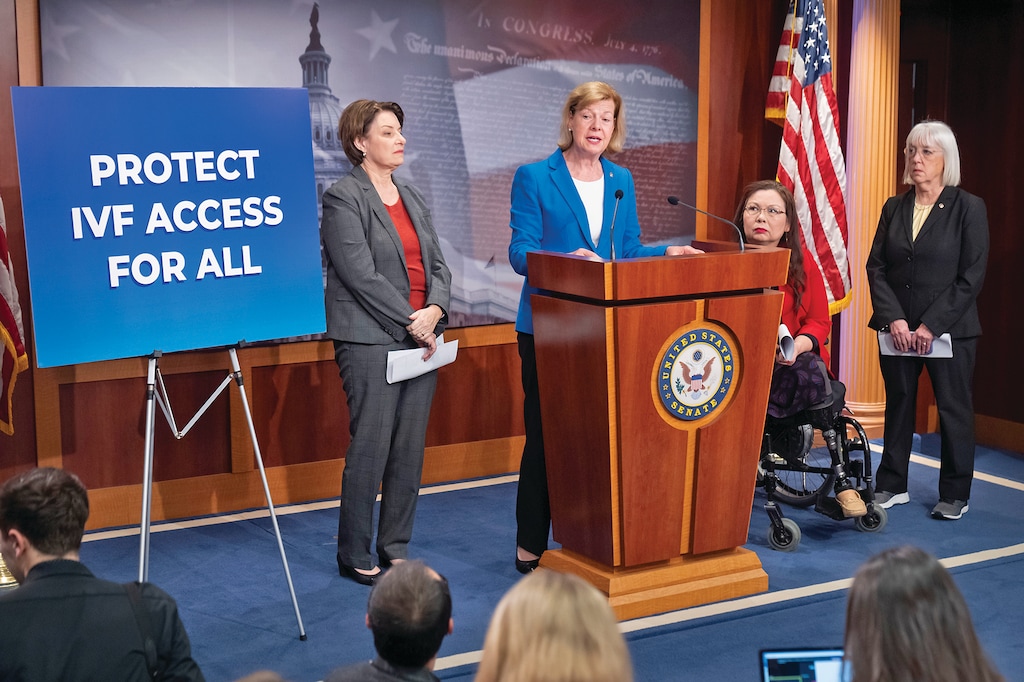 Sen. Tammy Baldwin, D-Wis., second from left, speaks about a bill to establish federal protections for IVF as, from left, Sen. Amy Klobuchar, D-Minn., Sen. Tammy Duckworth, D-Ill., and Sen. Patty Murray, D-Wash., right, listen during a press event on Capitol Hill, Tuesday, Feb. 27, 2024, in Washington. (AP Photo/Mark Schiefelbein)