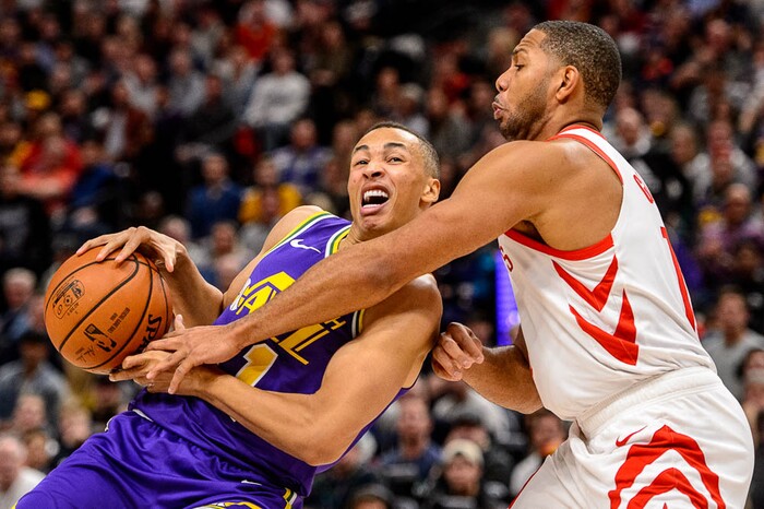 (Trent Nelson | The Salt Lake Tribune)  
Houston Rockets guard Eric Gordon (10) fouls Utah Jazz guard Dante Exum (11). The Utah Jazz host the Houston Rockets, NBA basketball in Salt Lake City on Thursday Dec. 6, 2018.