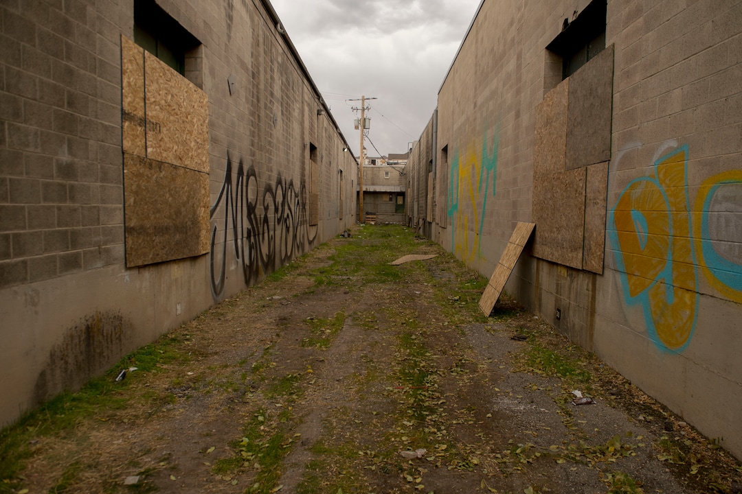 (Jeremy Harmon  |  The Salt Lake Tribune) These graffitied buildings will be part of a 12.4-acre development just west of downtown Salt Lake City. The development, called Post District, is mostly comprised of the block between 300 and 400 West and 500 and 600 South. Photographed on Thursday, Oct. 17, 2019.