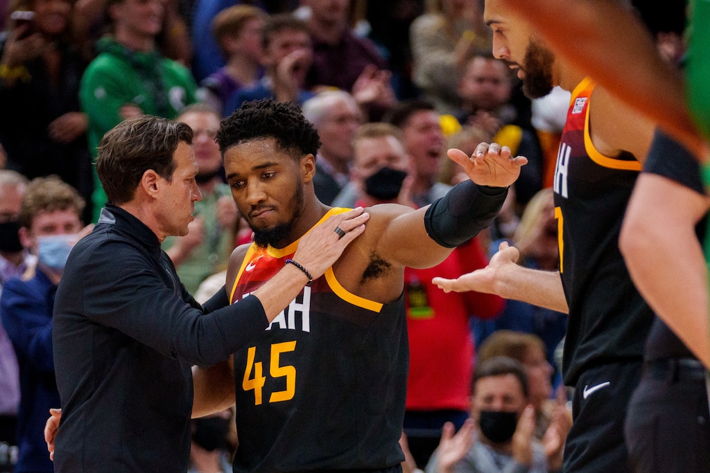 (Trent Nelson  |  The Salt Lake Tribune) Quin Snyder and Utah Jazz guard Donovan Mitchell (45) as the Utah Jazz host the Boston Celtics, NBA basketball in Salt Lake City on Friday, Dec. 3, 2021.