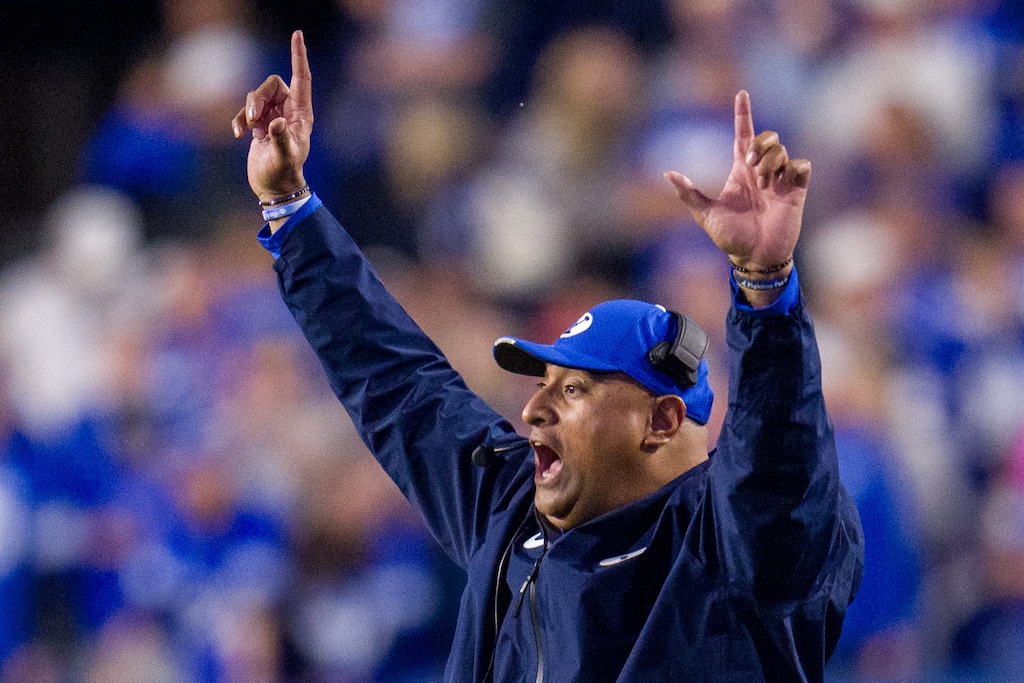 (Trent Nelson  |  The Salt Lake Tribune) BYU Cougars head coach Kalani Sitake as BYU hosts Utah, NCAA football at LaVell Edwards Stadium in Provo on Saturday, Oct. 18, 2025.