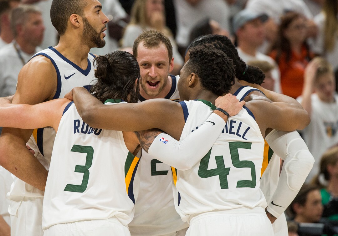 (Rick Egan  |  The Salt Lake Tribune)  The Utah Jazz huddle together during a review of a play, in game 4, NBA playoff action between Utah Jazz and Oklahoma City Thunder, in Salt Lake City, Monday April 23, 2018.