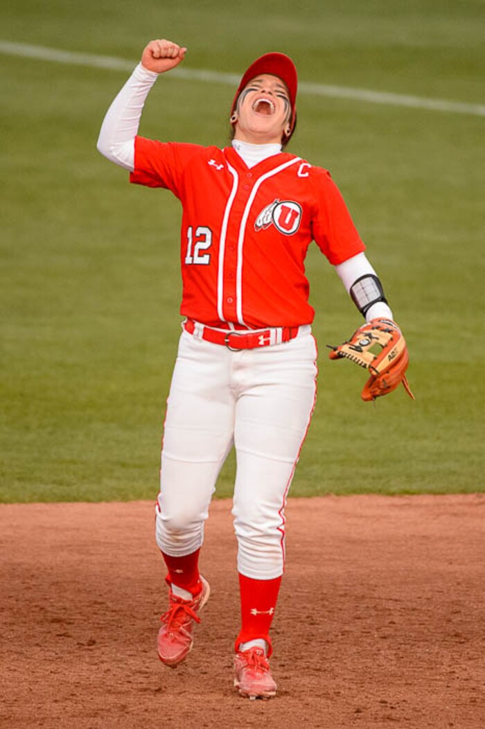 (Trent Nelson | The Salt Lake Tribune)  Utah Utes host the BYU Cougars, NCAA softball in Salt Lake City, Wednesday April 18, 2018. Utah infielder Breonna Castaneda (12) celebrates an out.