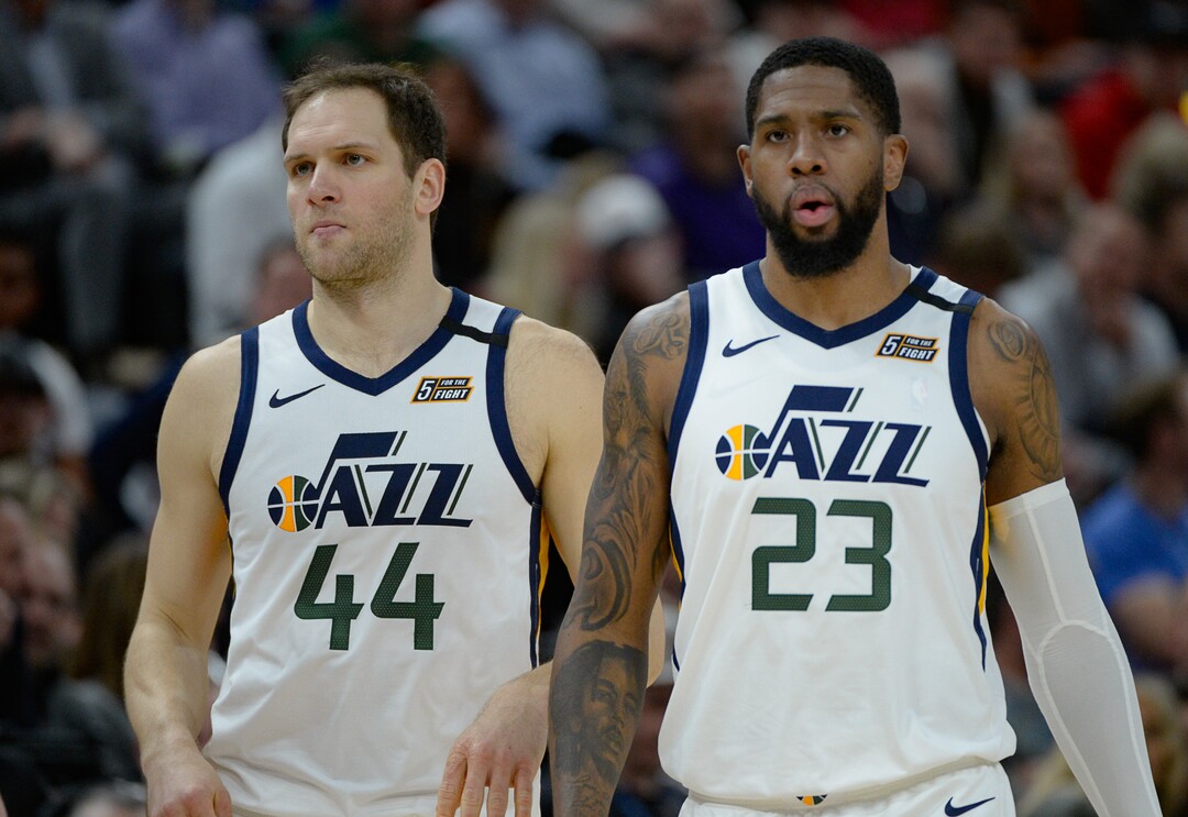 (Francisco Kjolseth  |  The Salt Lake Tribune) Utah Jazz forward Bojan Bogdanovic (44) and Utah Jazz forward Royce O'Neale (23) host the Denver Nuggets in their NBA basketball game at Vivint Smart Home Arena in Salt Lake City on Wednesday, Feb. 5, 2020.