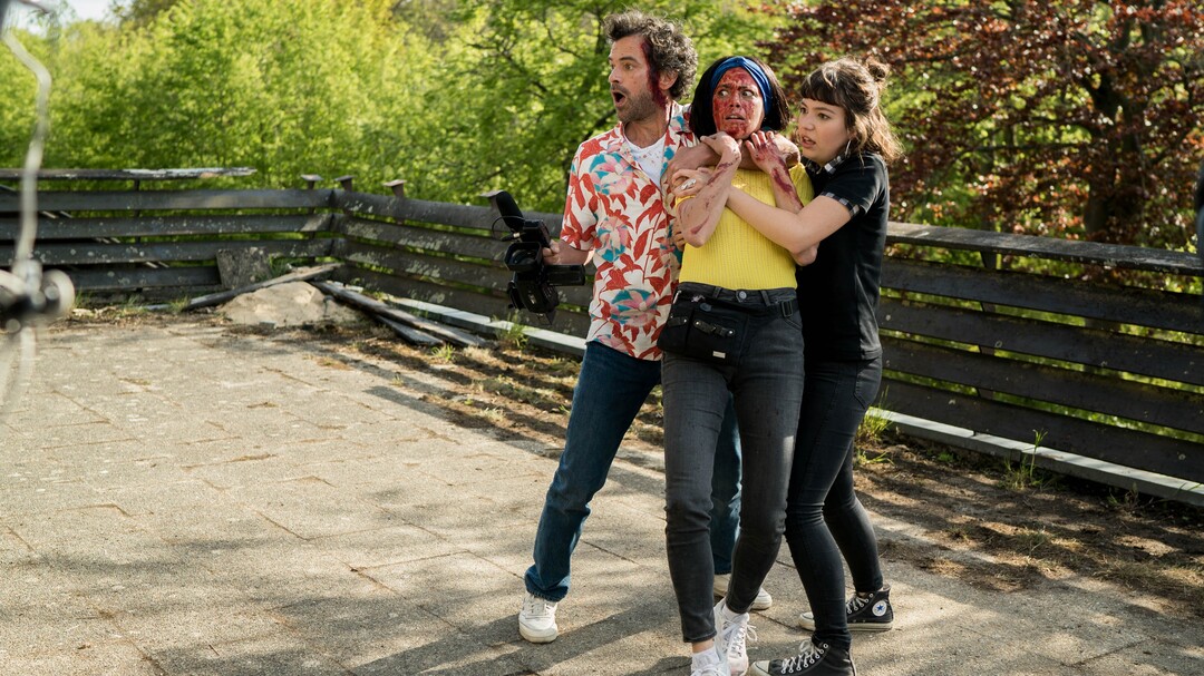(WildBunchInternational/Sundance Institute) Romain Duris, Bérénice Bejo and Simone Hazanavicius play members of a film crew whose zombie movie is invaded by real zombies in "Final Cut," directed by Michel Hazanavicius, an official selection of the Premieres section at the 2022 Sundance Film Festival.