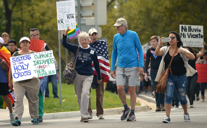 (Leah Hogsten  |  The Salt Lake Tribune) Hundreds of “We are Dreamers,” a Utah pro-Deferred Action for Childhood Arrival (DACA) group, marched in solidarity from the Utah Federal Building to the State Capitol with undocumented immigrants who will be affected by the end of DACA. 