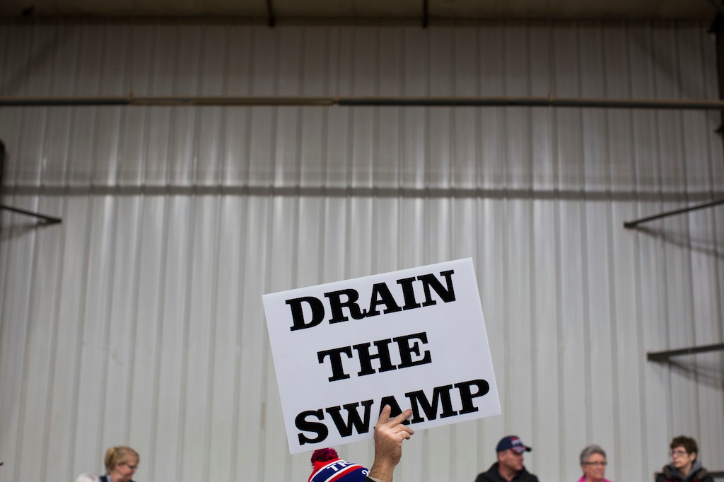 FILE - In this Oct. 27, 2016, file photo, supporters of then-Republican presidential candidate Donald Trump hold signs during a campaign rally in Springfield, Ohio. Despite President Donald Trump’s campaign to “drain the swamp” of lobbyists and special interests, Washington’s influence industry is alive and well _ and growing. Former members of the Trump transition team, presidential campaign, administration and friends have set up shop as lobbyists and cashed in on connections, according to a new analysis by Public Citizen, a public interest group, and reviewed by The Associated Press.  (AP Photo/ Evan Vucci, file)