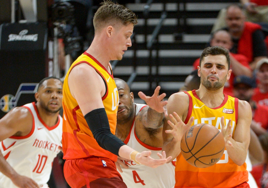 (Leah Hogsten  |  The Salt Lake Tribune)  Houston Rockets forward PJ Tucker (4) pressures Utah Jazz forward Jonas Jerebko (8) and Utah Jazz guard Raul Neto (25). The Houston Rockets defeated the Utah Jazz 113-92 in Game 3 of an NBA basketball second-round playoff series Friday, May 4, 2018 in Salt Lake City.
