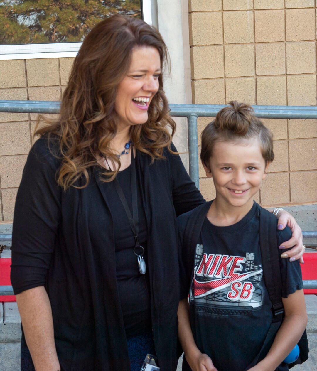 (Rick Egan  |  The Salt Lake Tribune)         Jeri Rigby, chats with Nathan Price, a new student from Las Vegas, NV, on the first day of school, Monday, Aug. 19, 2019.