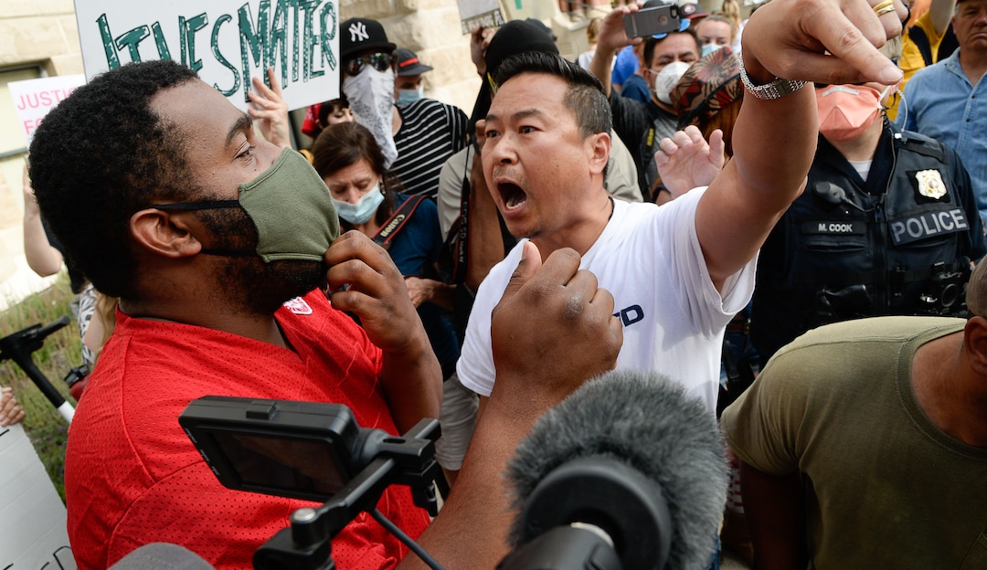 (Francisco Kjolseth  |  The Salt Lake Tribune) Black Lives Matter protesters clash with people gathered in support of police at City Hall in Salt Lake City on Saturday, June 20, 2020.