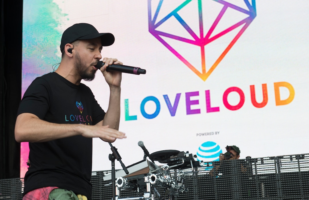 (Rick Egan  |  The Salt Lake Tribune)     Mike Shinoda from Linkin Park, performs at the Loveloud Festival at Rice-Eccles Stadium, Saturday, July 28, 2018. 