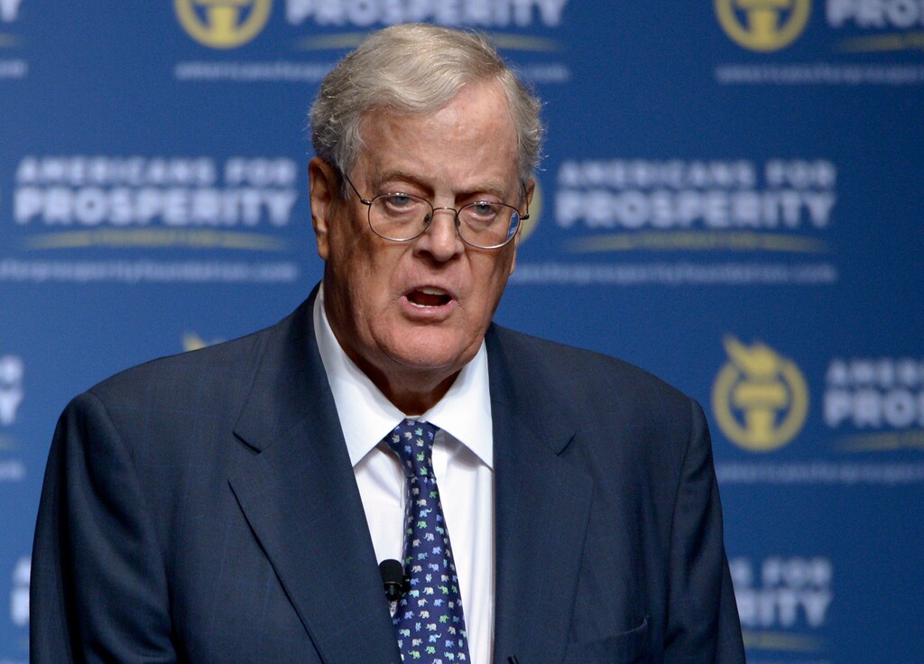 FILE - In this Aug. 30, 2013, file photo, David Koch speaks in Orlando, Fla. (AP Photo/Phelan M. Ebenhack, File)