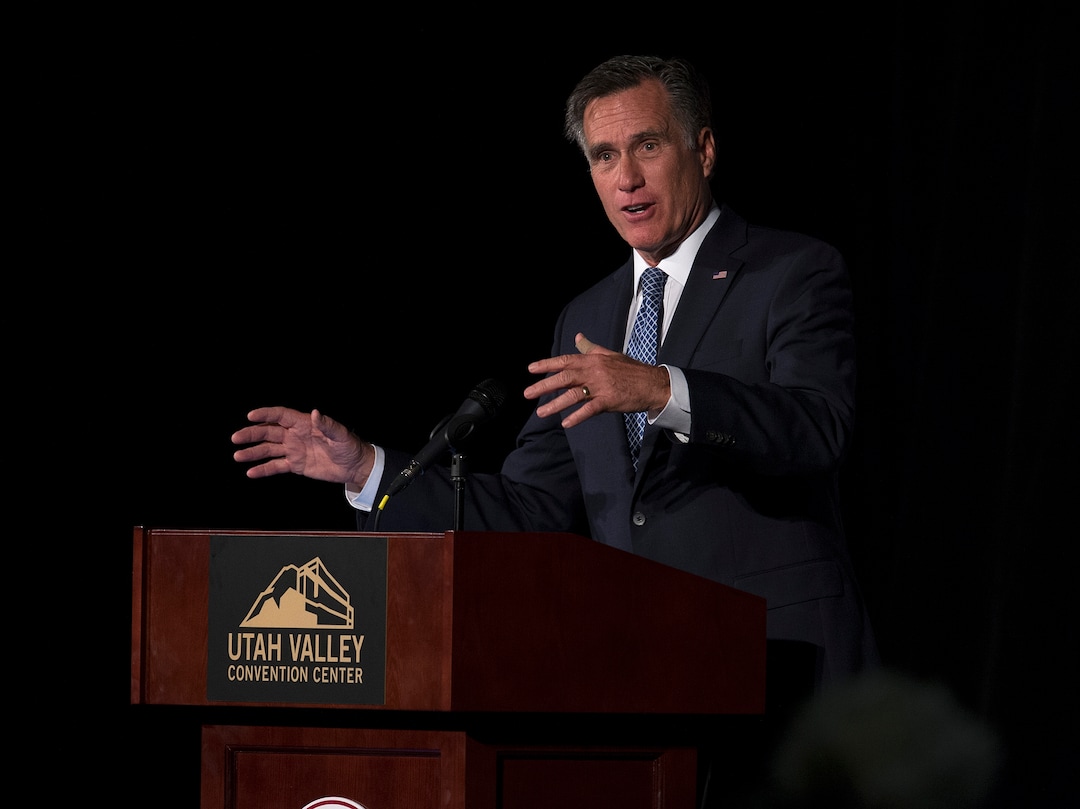 Scott Sommerdorf | The Salt Lake TribuneFormer Republican presidential candidate Mitt Romney speaks at the 2018 Utah County Republican Party Lincoln Day Dinner.