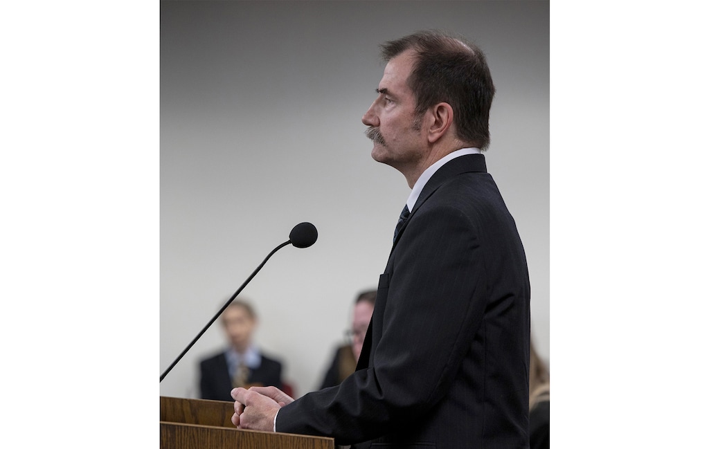 (Genesis Alvarado | Cronkite News) Dr. Paul Hruz appears before an Arizona Senate committee during a hearing in Phoenix in this photo from Feb. 9, 2022. Hruz, who is opposed to gender-affirming care and has never treated a transgender patient, has now been appointed to serve on Utah's School Activity Eligibility Commission that will decide which transgender girls can play high school sports.