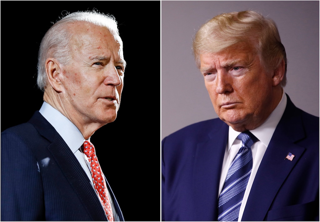 (AP file photo composite)  In this combination of file photos, former Vice President Joe Biden speaks in Wilmington, Del., on March 12, 2020, left, and President Donald Trump speaks at the White House in Washington on April 5, 2020. Early polling in the general election face-off between Trump and Biden bears out a gap between the two contenders when it comes to who Americans see as more compassionate to their concerns.