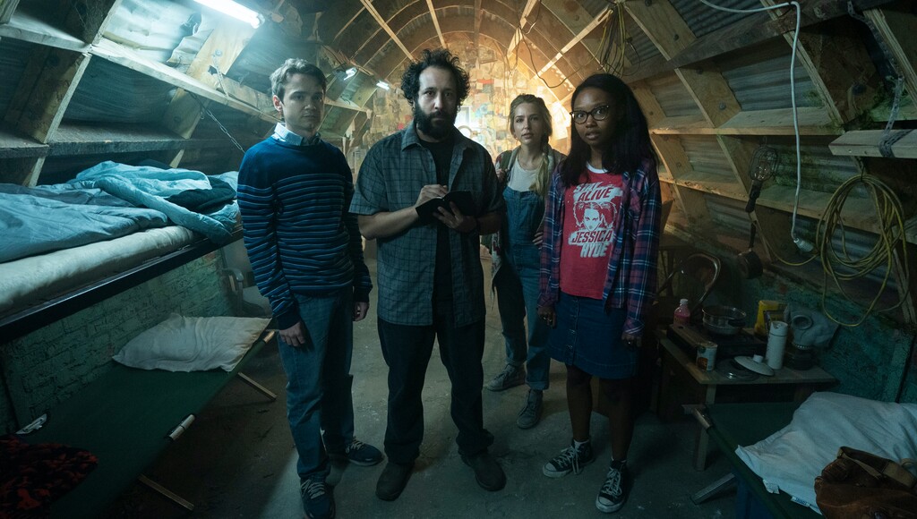 (Photo courtesy of Amazon Prime) Dan Byrd as Ian, Desmin Borges as Wilson, Jessica Rothe as Samantha, and Ashleigh LaThrop as Becky in “Utopia.”