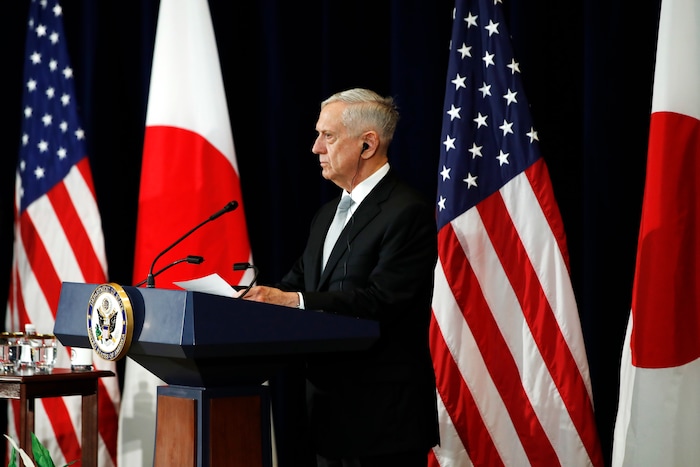 Defense Secretary James Mattis listens during a news conference with Japanese officials, Thursday, Aug. 17, 2017, at the State Department in Washington. (AP Photo/Jacquelyn Martin)