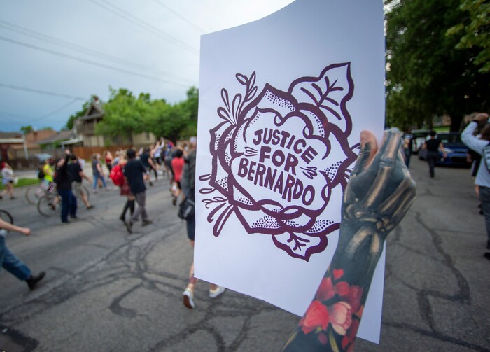(Rick Egan  |  The Salt Lake Tribune)     Protesters march down 600 South in Salt Lake City, during a Justice for Bernardo rally on Thursday, June 25, 2020.