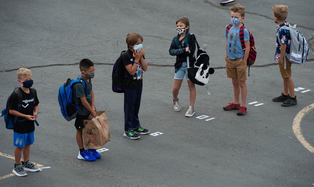 (Francisco Kjolseth  |  The Salt Lake Tribune) Students at Canyon View Elementary in Cottonwood Heights line up on the playground as they go back to school for the first day of classes for the Canyons School District on Monday, August 24, 2020.